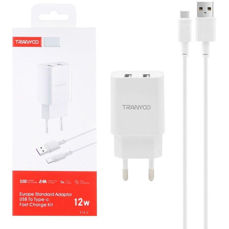 شارژر دیواری 12 وات دو پورت ترانیو مدل v16-c به همراه کابل usb-c